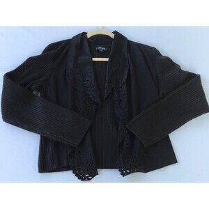 Jones New York Womens Large Black Draped Laser Cut Suede Front Sweater Cardigan